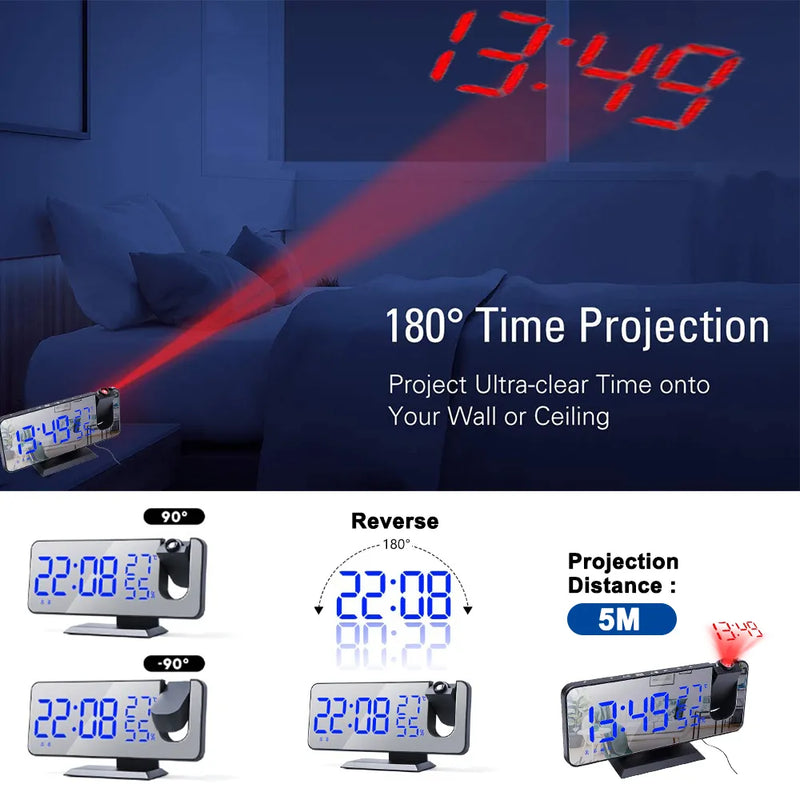 LED Digital Projection Alarm Clock Table Electronic Alarm Clock with Projection FM Radio Time Projector Bedroom Bedside Clock