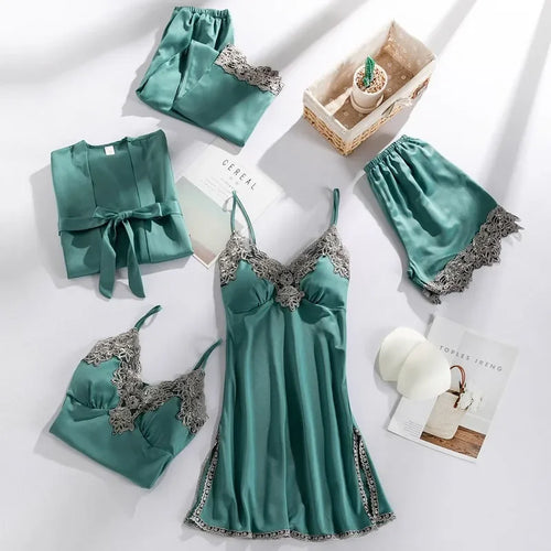 5TEILE Schlafanzug Schlafanzug-Set Sexy Damen Spitze Pyjamas Sets V-Ausschnitt Satin Pyjamas Intime Dessous Frühling Nachtwäsche Hauskleidung PJS