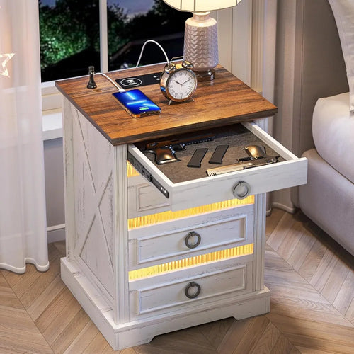 Farmhouse Night Stand with Gun Drawer, Bedside Table with Charger Station, LED Nightstand with Human Sensor Light,Customized
