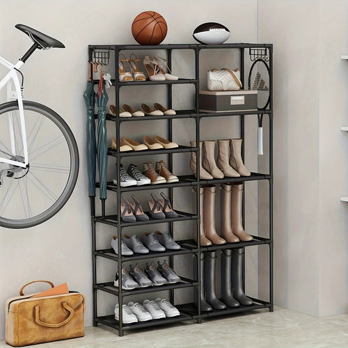 9-stöckiges hohes Schuhregal, großer Organizer mit Haken, vertikales, freistehendes Schwerlastregal, fasst 24–35 Paar, Schwarz