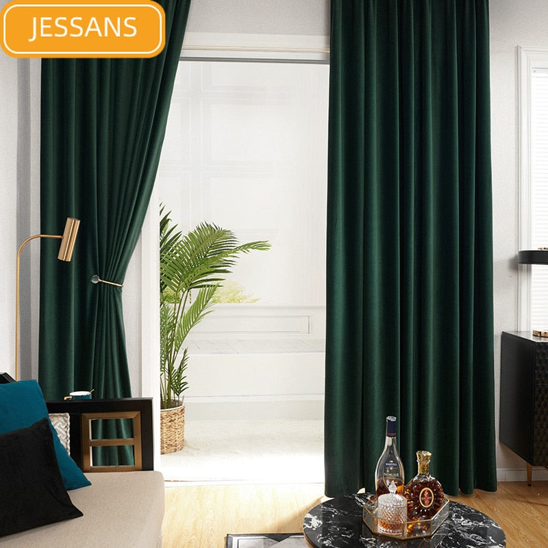 Dark Green Velvet Curtain Solid Color Thickened Curtains for Living Room Bedroom Dining Room Partition Curtain Decoration
