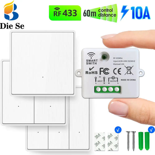 433MHz Wireless Remote Control Switch AC 110V 220V 10A Relay Receiver and RF Push Button Wall Panel Transmitter for Light Pump