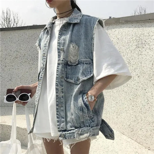Women's Ripped Denim Vest Sleeveless Top Coat Korean Fashion Streetwear Retro Loose Spring Summer Autumn Student Jacket New