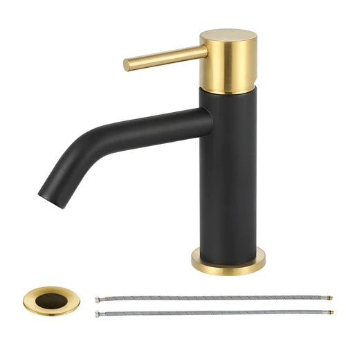 EZANDA Einhand-Badezimmerarmatur aus Messing mit aufklappbarem Waschbeckenablauf und Wasserhahn-Zuleitungen, mattschwarz mit gebürstetem Gold