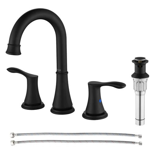 PARLOS 2-Griff-8-Zoll-Badarmatur mit Ventil und Pop-Up-Ablaufgarnitur und cUPC-Wasserhahn-Zulaufschläuchen, Mattschwarz, Demeter, 1,5 GPM