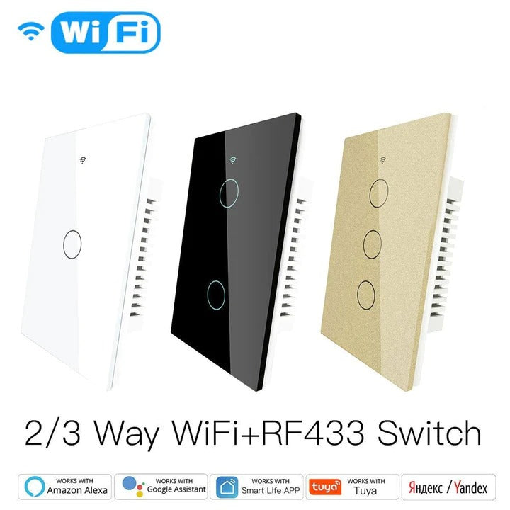 WiFi Smart Light Switch Modern Glass Panel Touch 3 Way Multi-Control Neutral Wire Required Wireless Smart Light Switches