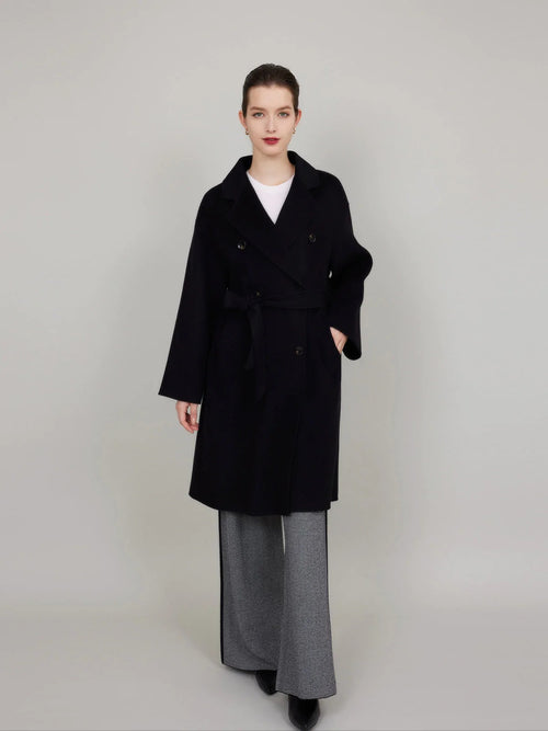 ASSUAL Double Breasted Lapels Wool Pockets Overcoat With Belt