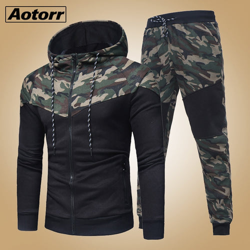 Men Causal Camouflage Patchwork Sets Camo Zipper Jacket+Pants 2PC Tracksuit Sportwear Hoodies Sweatshirt Pant Suit Plus Size