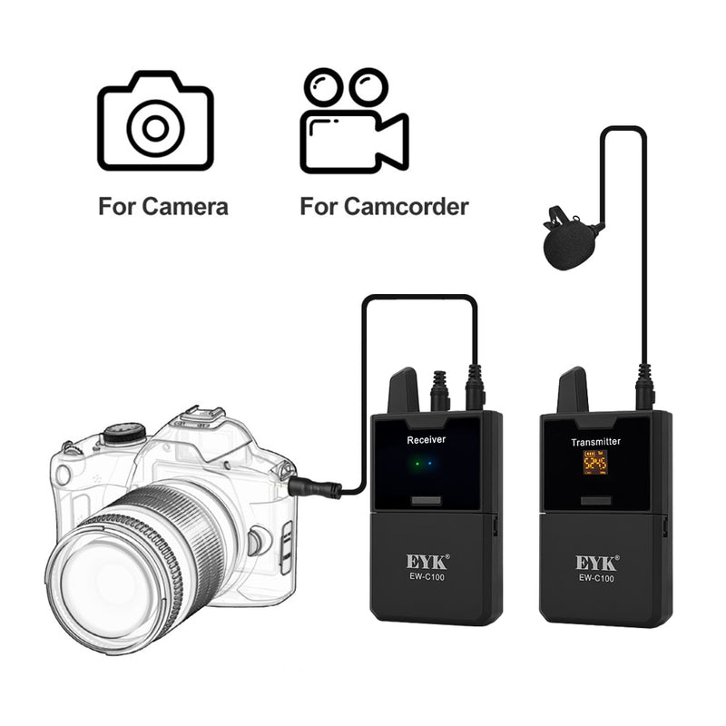 EYK EW-C102 Camera Lapel Mic UHF Wireless Lavalier Microphone with Audio Monitor Function for Phones DSLR DV Camcorder Webcast