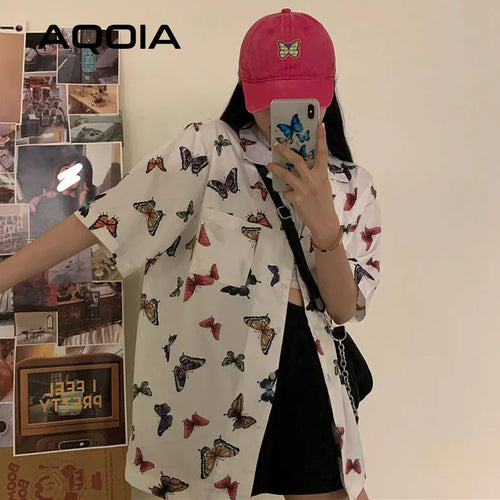 Chic Vitage Kurzarm Lose Frauen Bluse Shirt Y2K Schmetterling Drucken Button Up Taschen Damenhemden 2022 Sommer Y2K Tops