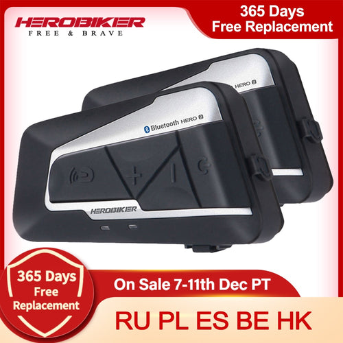 HEROBIKER 2 Sets 1200M BT Motorcycle Helmet Intercom Waterproof Wireless Bluetooth Moto Headset Interphone FM Radio for 2 Rides