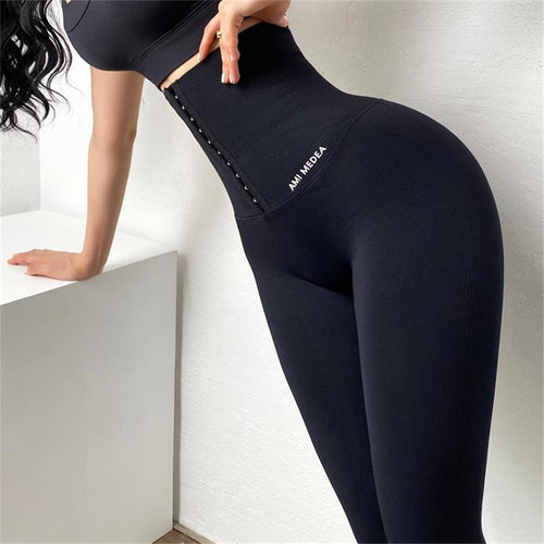 Nahtlose Kompressionssporthose mit hoher Taille Frauen Bauch Verstellbare Push-Up-Yogahose Stretchy Running Gym Fitness Leggings