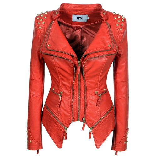 2020 Frauen Herbst Winter Dicke Gefälschte PU Kunstleder Nieten Jacken Dame Nieten Motorrad Mäntel Biker Reißverschlüsse Straße Outwear