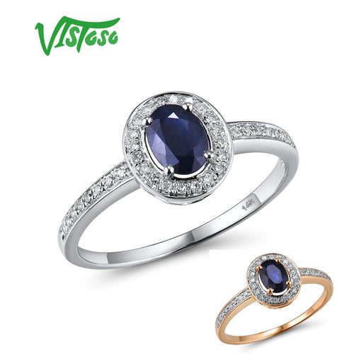 VISTOSO 14 Karat Weißgold Ringe für Frauen, echter funkelnder Diamant, ausgefallener blauer Saphir, Verlobungsjubiläum, einzigartiger feiner Schmuck