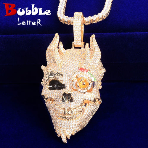 Totenkopf Herren Anhänger Kubikzirkon Goldfarbe vergoldet Hip Hop Halskette Rock Schmuck
