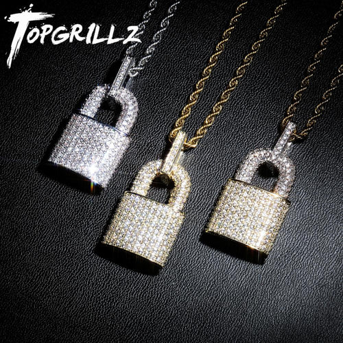 TOPGRILLZ Hip Hop Bling Lock Anhänger Iced Out Bling Kubikzirkon Halskette für Herren Schmuck Charm