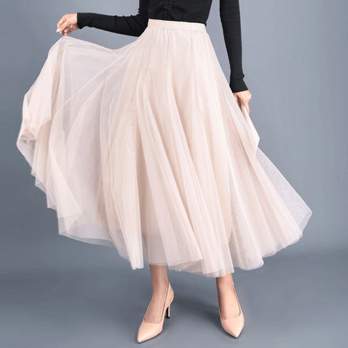 OHRYIYIE Beiger rosa Maxi-Langer Rock Frühling Herbst Damen 2023 Neuer Sommer Tüllrock Party Mesh A-Linien Röcke Weiblich Jupe Longue