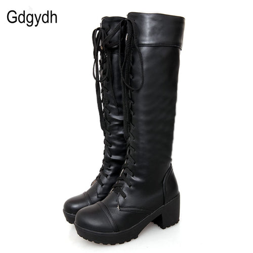 Gdgydh Große Größe 43 Lace Up Kniehohe Stiefel Frauen Herbst Weiches Leder Mode Weiß Quadratische Ferse Frau Schuhe Winter Heißer Verkauf