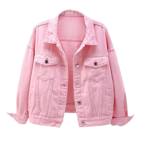Denim-Jacke der Frauen Frühlings-Herbst-kurzer Mantel-Rosa-Jeans-Jacken-beiläufige Oberseiten-lila gelbe weiße lose Oberseiten-Damen-Oberbekleidung KW02