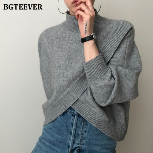 BGTEEVER Mode Halb Rollkragen Frauen Pullover Pullover 2020 Herbst Winter Strickwaren Kreuz Split Lose Weibliche Strickpullover