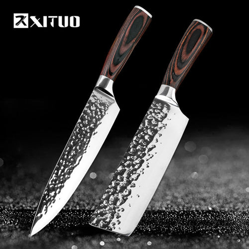 XITUO Kitchen Knives 8" Stainless Steel Chef Knife High Grade 7Cr17 Frozen Meat Cutter Wood Handle Identation blade Cooking Tool