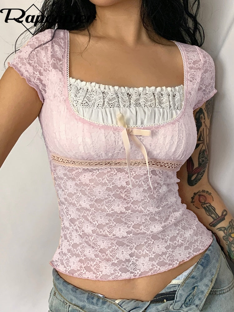 Rapcopter y2k Pink Trim Crop Top Bow Cute Sweet T Shirt Women Retro Short Sleeve Lace Patched Summer Tee Prepply Korean Tshirt