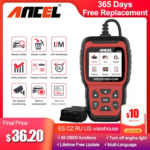 Ancel AS500 OBD2 Scanner Engine Code Reader OBD Auto Diagnose Car Diagnostics Tool Lifetime Free Update OBD2 Automotive Scanner