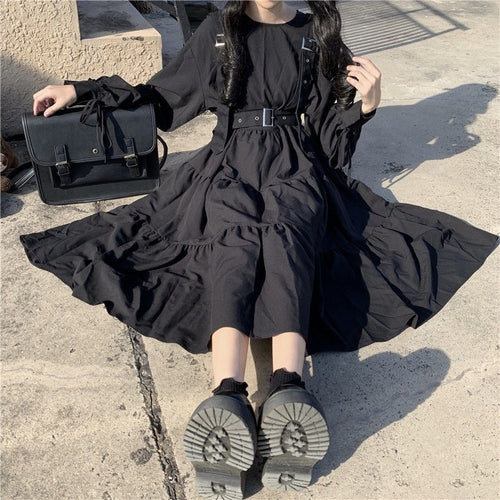 QWEEK Gothic Style Kleid Damen Harajuku Gothic Lolita Goth Kawaii Kleid Punk Niedlich Langarm Schwarz Midikleid 2021 Emo Oversize