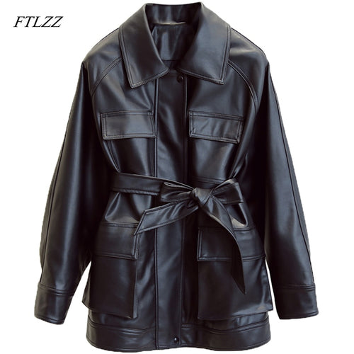 FTLZZ Slim PU Coats Women Faux Leather Jackets Vintage Motor Biker Jackets Elegant Tie Belt Waist Pockets Buttons Coats