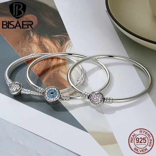 BISAER 100% 925 Sterling Silber Basic Schlangenkette Zirkonarmbänder Blaues Dämonenauge Armband & Armreifen Anhänger Größen 17–21 Schmuck