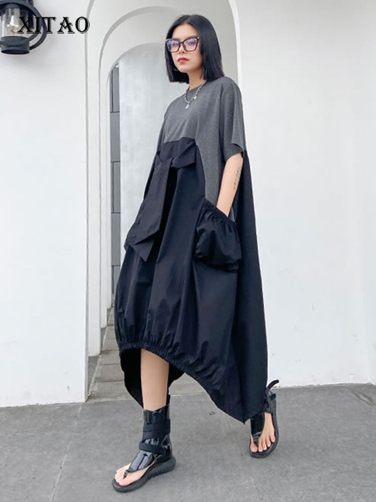 XITAO Irregular Pleated Hit Color Dress  Loose Covering Belly Pullover Short Sleeve Elegant Dress 2020 Summer  XJ4818