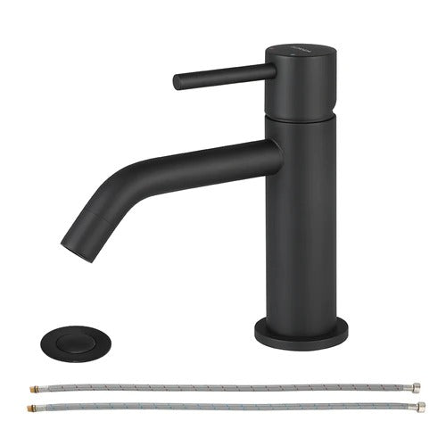 EZANDA Einhand-Badezimmerarmatur aus Messing mit aufklappbarem Waschbeckenablauf und Wasserhahn-Zuleitungen, mattschwarz