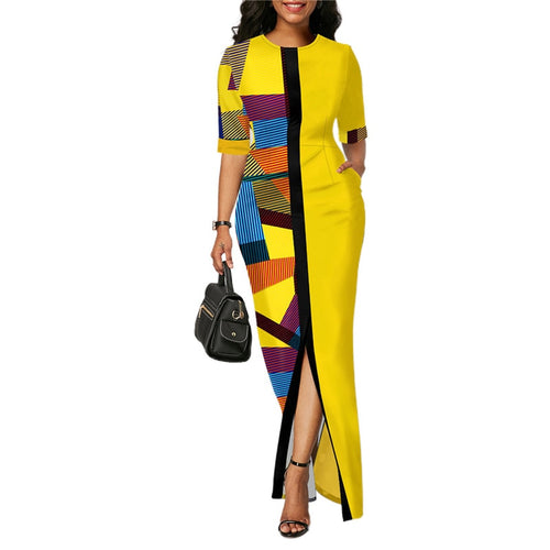 Damen Mode Halbarm Kleid Frauen Elegant Runder Kragen Geometrischer Druck Spleißen Temperament Maxikleid Für Ballparty