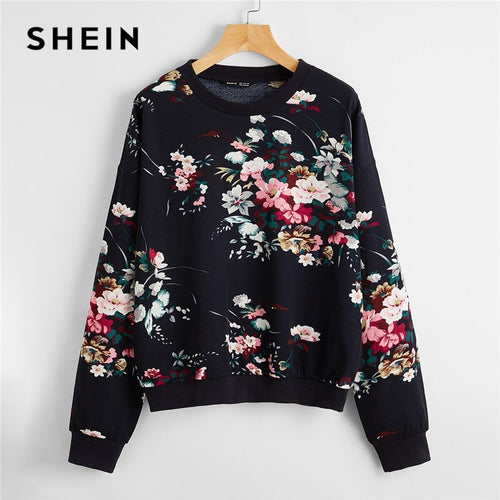 SHEIN Marineblau Drop Shoulder Blumendruck Pullover Damen Herbst Rundhals Langarm Lässige Sweatshirts