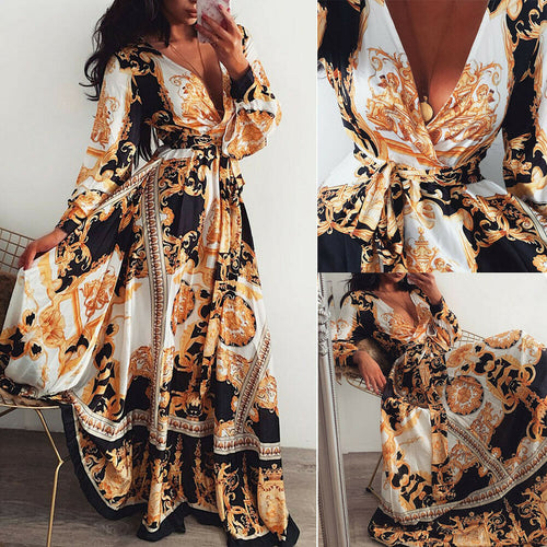 2021 Boho Sommer Retro Vintage Blumendruck Langes Partykleid Frauen Sexy Elegant V-Ausschnitt Lange Maxi Kleider Vestidos
