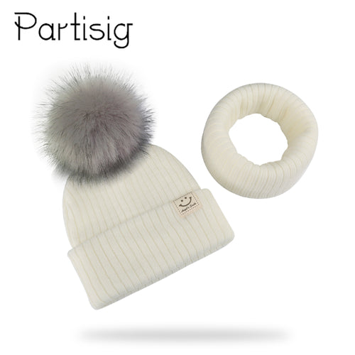 Winter Unisex Faux Fur Pompon Hat Scarf For Kids Boys Girls Knitted Baby Caps With Pompom Bonnet Children's Accessories