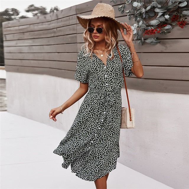 2021 Spring New Bandage Dress Women Casual Short Sleeve Button Floral Print Dress For Woman Summer Holiday Style Dress