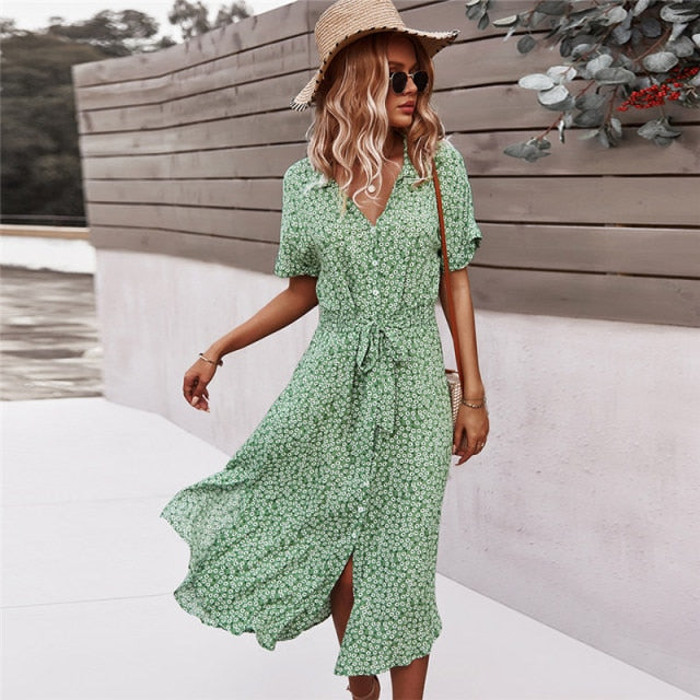 2021 Spring New Bandage Dress Women Casual Short Sleeve Button Floral Print Dress For Woman Summer Holiday Style Dress