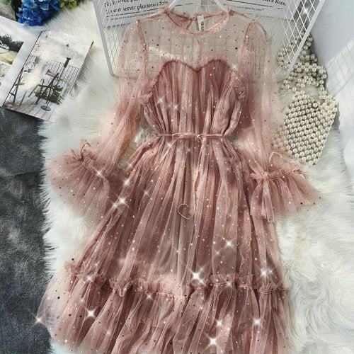 2021 neue weibliche Oansatz Sterne Pailletten Mesh glänzend Fee Kleid Frauen elegante Bling Gaze Prinzessin Puff Kleider Vestidos De Fiesta