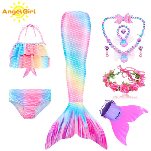 AngelGirl 2021 Mädchen schwimmbar Meerjungfrauenschwanz Prinzessin Kleid mit Monoflosse Kinder Urlaub Meerjungfrau Kostüm Cosplay Badeanzug Geburtstag
