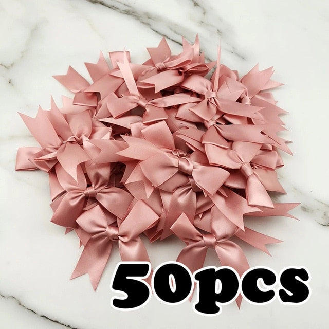 (50 Pcs/pack) 85*85mm Fresh Pink Ribbon Bows Small Size Satin Ribbon Bow Flower Craft Decoration Handwork DIY Party Decoration