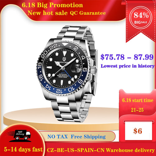 PAGANI DESIGN New Luxury Men Mechanical Wristwatch Stainless Steel GMT Watch Top Brand Sapphire Glass Men Watches reloj hombre