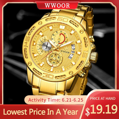 WWOOR 2021 Neue Herrenuhren Top-Marke Luxus Gold Edelstahl Quarzuhr Herren Wasserdicht Sport Chronograph Relogio Masculino