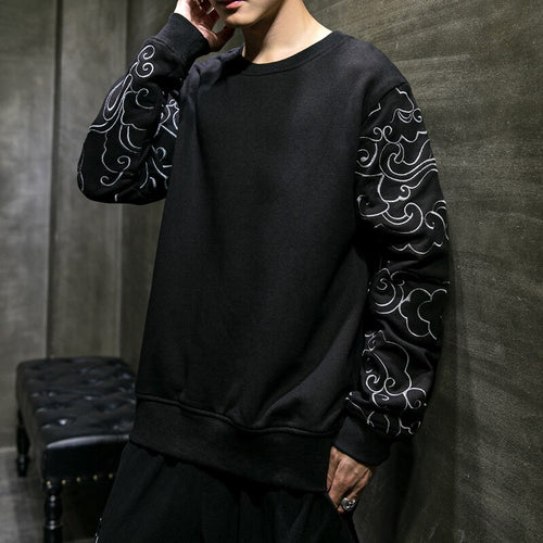 Autumn Winter Chinese Style Men's Hoodies Embroidered Pullover Round Neck Sweater Jacket Loose Large Long Sleeved Top