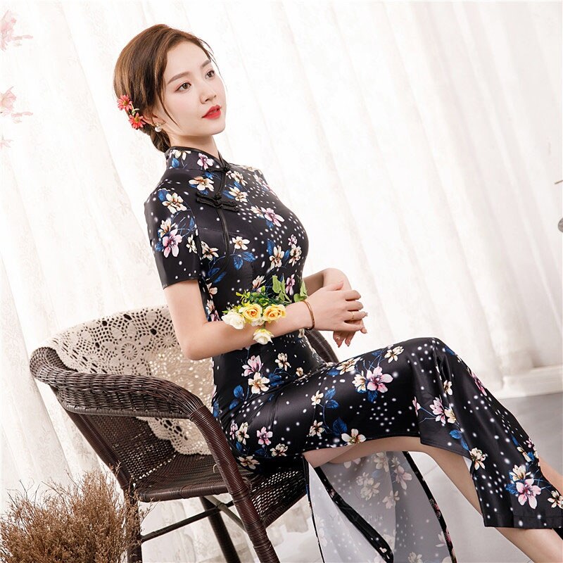 2021 New Summer Long Cheongsam Dress Floral Slim Vintage Plus Size Qipao Dresses S To 4XL 5XL Green Pink