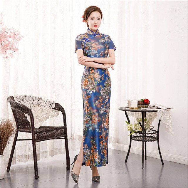 2021 New Summer Long Cheongsam Dress Floral Slim Vintage Plus Size Qipao Dresses S To 4XL 5XL Green Pink