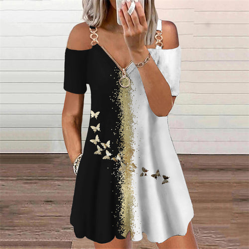 Schmetterlinge 3D-Druck Elegantes Modekleid Damenbekleidung 2021 Sommer Reißverschluss V-Ausschnitt Schulterfrei Lässige Minikleider Übergroß