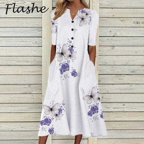 Elegant Women Dresses V Neck Short Sleeve Button Party Dress Women Summer Vintage Print Dress Casual Loose Flower Ladies Dresses