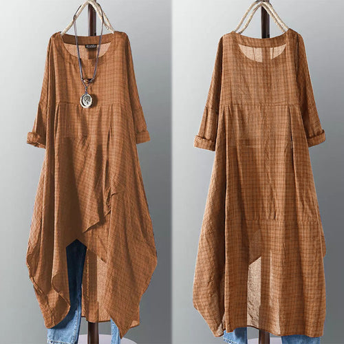 ZANZEA Asymmetrisches Midikleid Damen Karokleid 2022 Damen Langarm Plaid Vestidos Sommer Sommerkleid Freizeithemd Robe