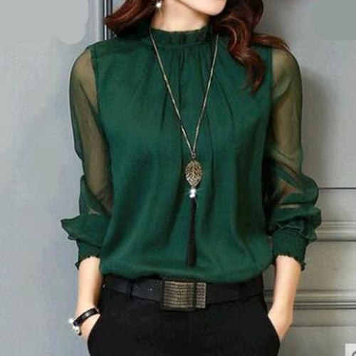 Chiffon Blouse New Women Tops Long Sleeve Stand Neck Work Wear Shirts Elegant Lady Casual Blouses women's blusas Plus size